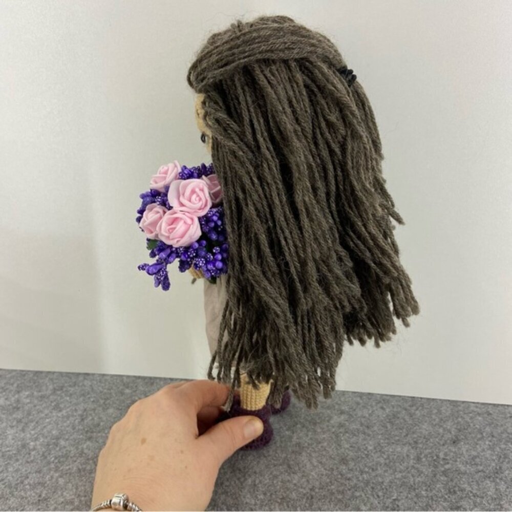 Handmade Crochet Doll with Brown Hair and Purple Boots - Picture 4 of 12